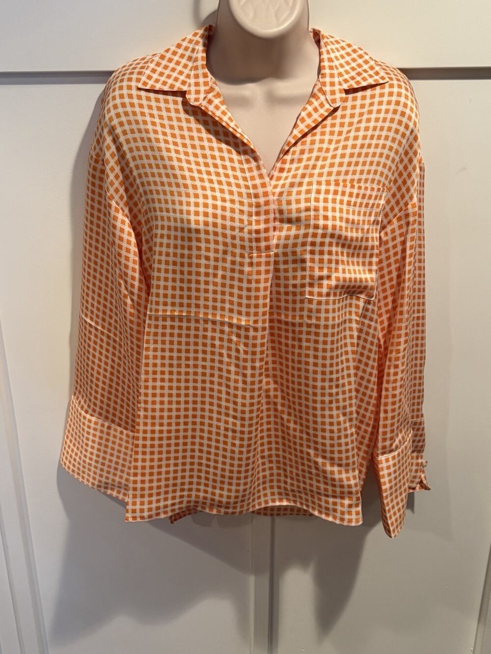Club Monaco Women’s XS Orange White Check Collared Long Sleeve Button-Up Blouse